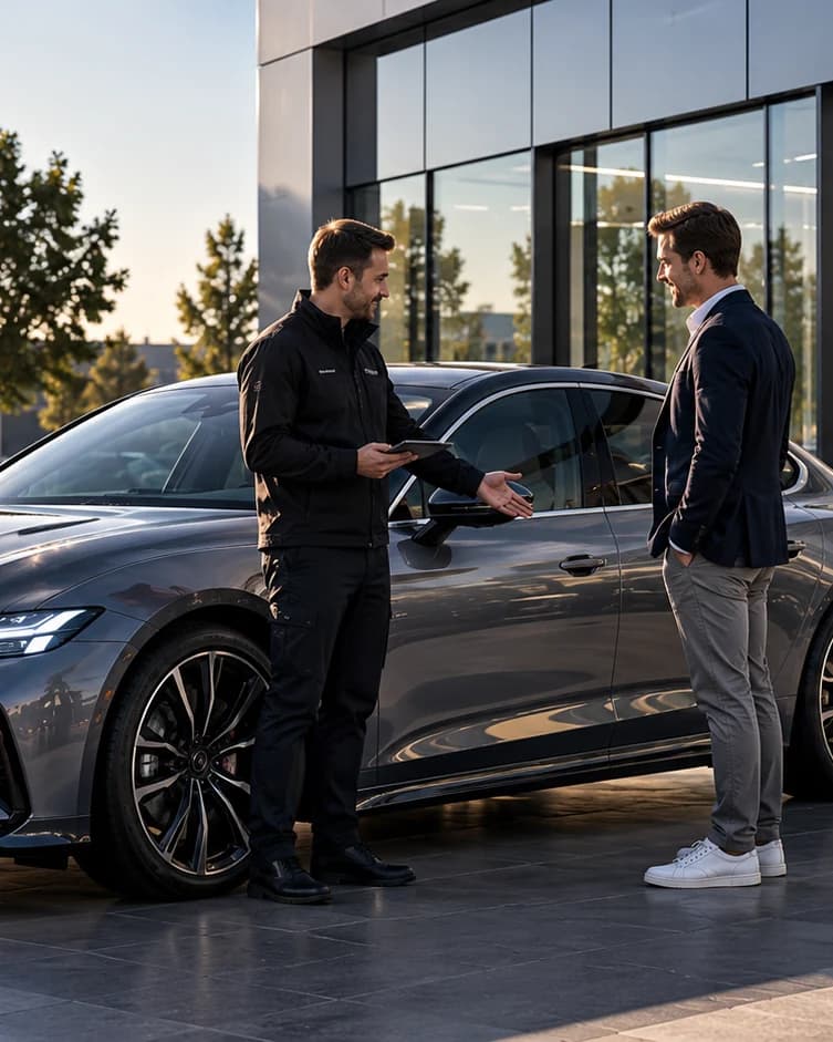 Zwei Personen besprechen eine Fahrzeugübergabe vor einem Autohaus