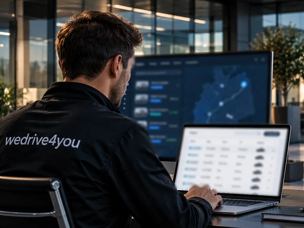 Illustration: Person in wedrive4you-Jacke arbeitet an Laptop und Monitor mit schematischen Auftragsübersichten und einer Karte